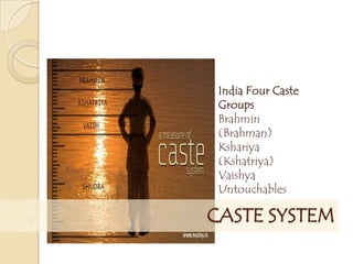 CASTE SYSTEM
India Four Caste
Groups
Brahmin
(Brahman)
Kshariya
(Kshatriya)
Vaishya
Untouchables
 