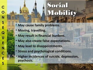 6-12
SocialSocial
MobilityMobility
• May cause family problems.
• Moving, travelling.
• May result in financial burdens.
• May also create false expectations.
• May lead to disappointments.
• Stress and psychological conditions.
• Higher incidences of suicide, depression,
psychosis.
 