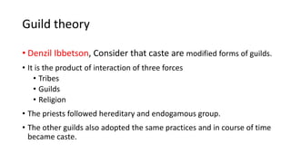 Guild theory
• Denzil Ibbetson, Consider that caste are modified forms of guilds.
• It is the product of interaction of three forces
• Tribes
• Guilds
• Religion
• The priests followed hereditary and endogamous group.
• The other guilds also adopted the same practices and in course of time
became caste.
 