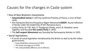 Causes for the changes in Caste system
• Rise of Non-Brahmin movements
• Satyashodhak Samaj in 1873 by Jyothirao Phooley of Poona, a man of Mali
caste.
• Shri Narayana Dharma Paripalana Yogam Movement(SNDP): found reflection
in Kerala under the leadership of Shri Narayana Guru.
• Justice Party: Dr T.M. Nair, P. Thyagaraja Chetty, and C.N. Mudaliar came
together and founded the Justice Party in 1916.
• The Self-respect Movement was founded by Ramaswamy Naicker in 1925.
• Social legislations
• A series of social legislation introduced by the British as well as by the Indian
governments
• Caste disabilities removal act of 1872
• The Hindu marriage act of 1955
• The Untouchability Offences act of 1956 etc.
 