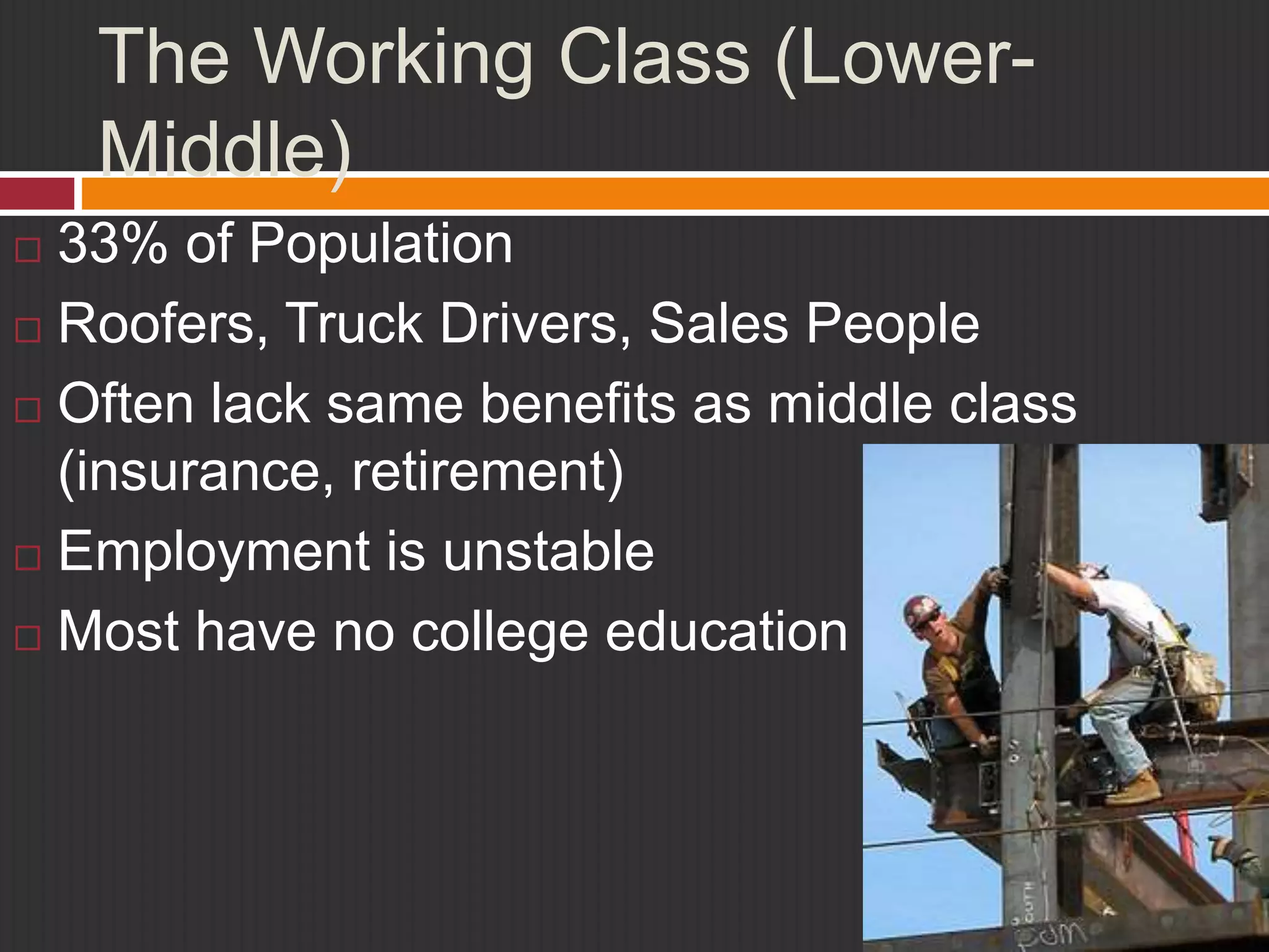The Working Class (Lower- 
Middle) 
 33% of Population 
 Roofers, Truck Drivers, Sales People 
 Often lack same benefits as middle class 
(insurance, retirement) 
 Employment is unstable 
 Most have no college education 
 