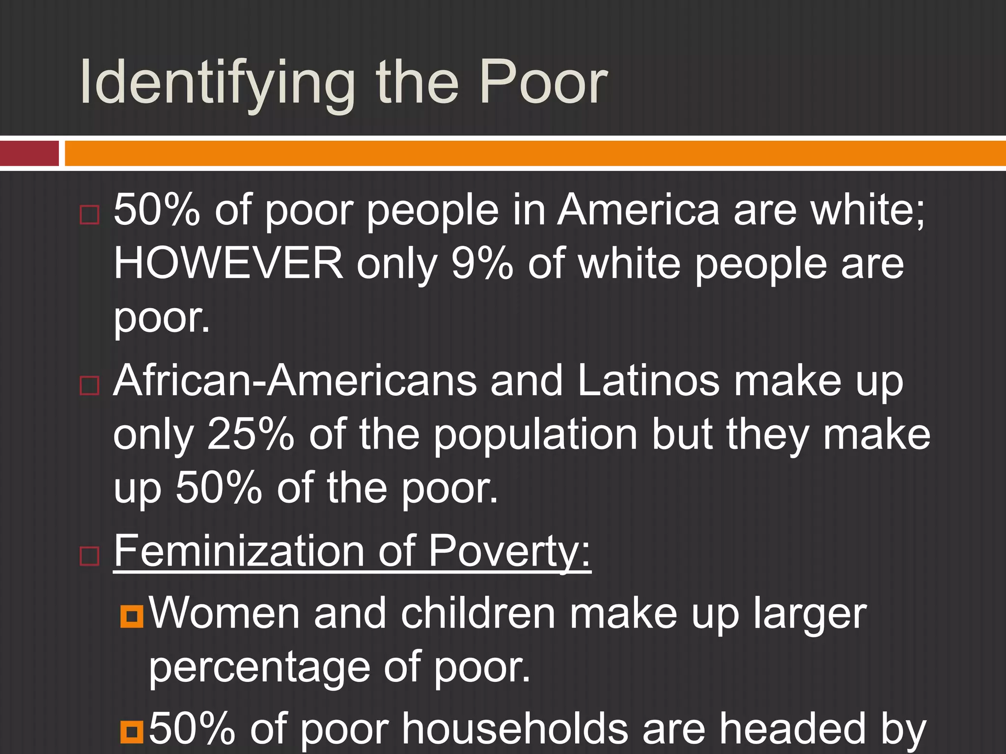 Identifying the Poor 
 50% of poor people in America are white; 
HOWEVER only 9% of white people are 
poor. 
 African-Americans and Latinos make up 
only 25% of the population but they make 
up 50% of the poor. 
 Feminization of Poverty: 
Women and children make up larger 
percentage of poor. 
50% of poor households are headed by 
 