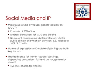 Social Media and IP Major issue is who owns user-generated content (UGC)?  Possession ≠ 90% of law Different conclusions for TM, © and patents No present consensus on what is protected, what is public domain and what is in between,  e.g.,  Facebook 2009 “ToS” crisis Nature of expression AND nature of posting are both key factors Implied license for (some) “public” postings, depending on content, ToS and author/generator claim? Tweets v. photos, for instance 