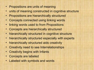 Propositions  are  units of meaning   units of meaning  constructed in  cognitive structure Propositions  are  hierarchically structured Concepts  connected using  linking words linking words  used to from  Propositions Concepts  are  hierarchically structured hierarchically structured  in  cognitive structure hierarchically structured  especially with  experts hierarchically structured  aids  creativity Creativity  need to see  Interrelationships Creativity  begins with  Infants  Concepts  are  labeled Labeled  with  symbols  and  words 