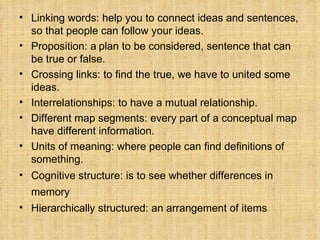 Linking words: help you to connect ideas and sentences, so that people can follow your ideas.  Proposition: a   plan to be considered, sentence that can be true or false. Crossing links: to find the true, we have to united some ideas. Interrelationships: to have a mutual relationship. Different map segments: every part of a conceptual map have different information. Units of meaning: where people can find definitions of something. Cognitive structure: is to see whether differences in memory    Hierarchically structured: an arrangement of items 