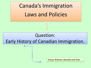 Canada’s Immigration
        Laws and Policies


               Question:
Early History of Canadian Immigration.


                    Group: Brittnee, Danielle and Tyler
 
