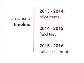 2013 - 2014  
pilot items 
 
2014 - 2015 
ﬁeld test 
 
2015 - 2016 
full assessment
proposed
timeline
 