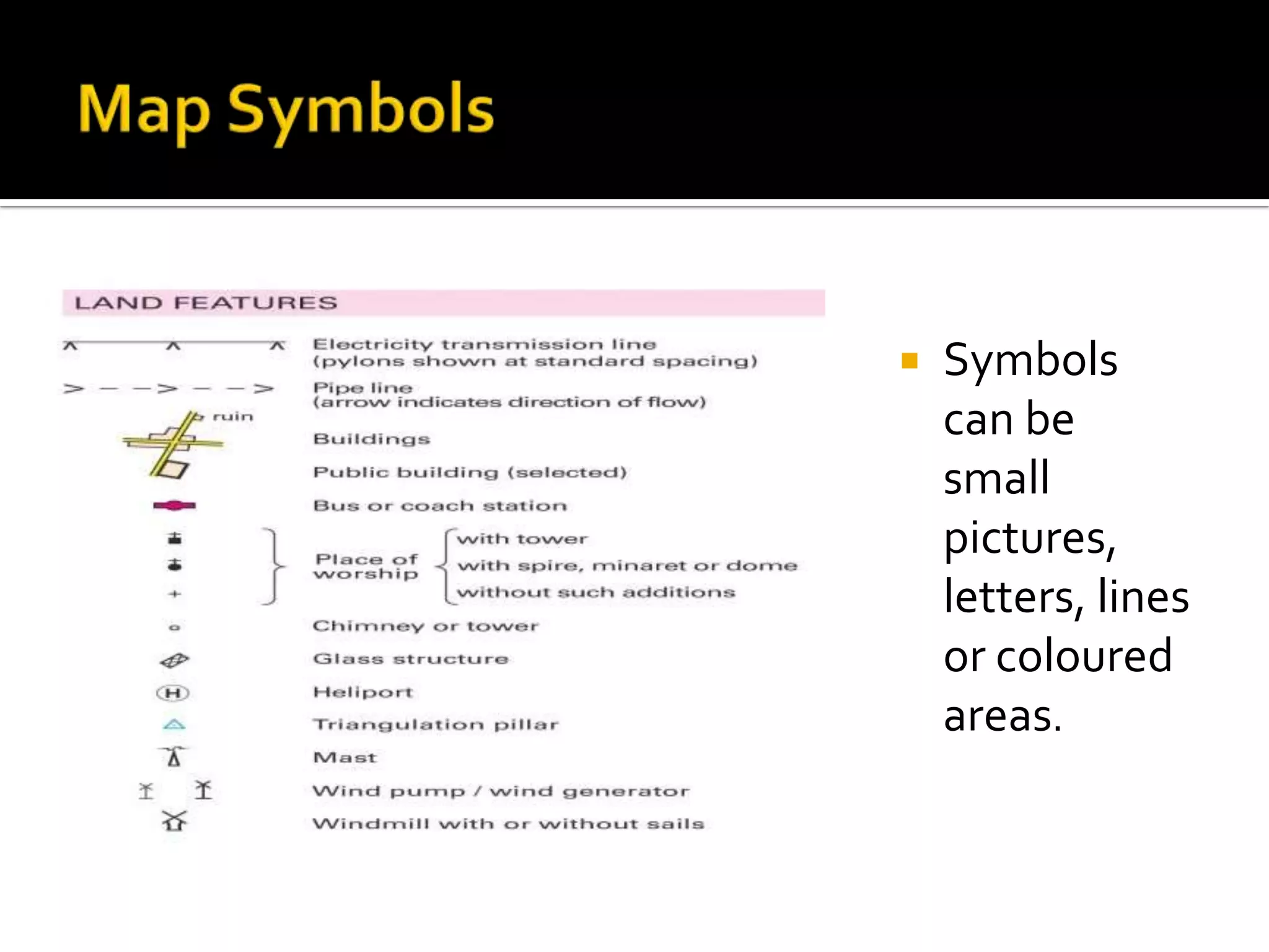    Symbols
    can be
    small
    pictures,
    letters, lines
    or coloured
    areas.
 