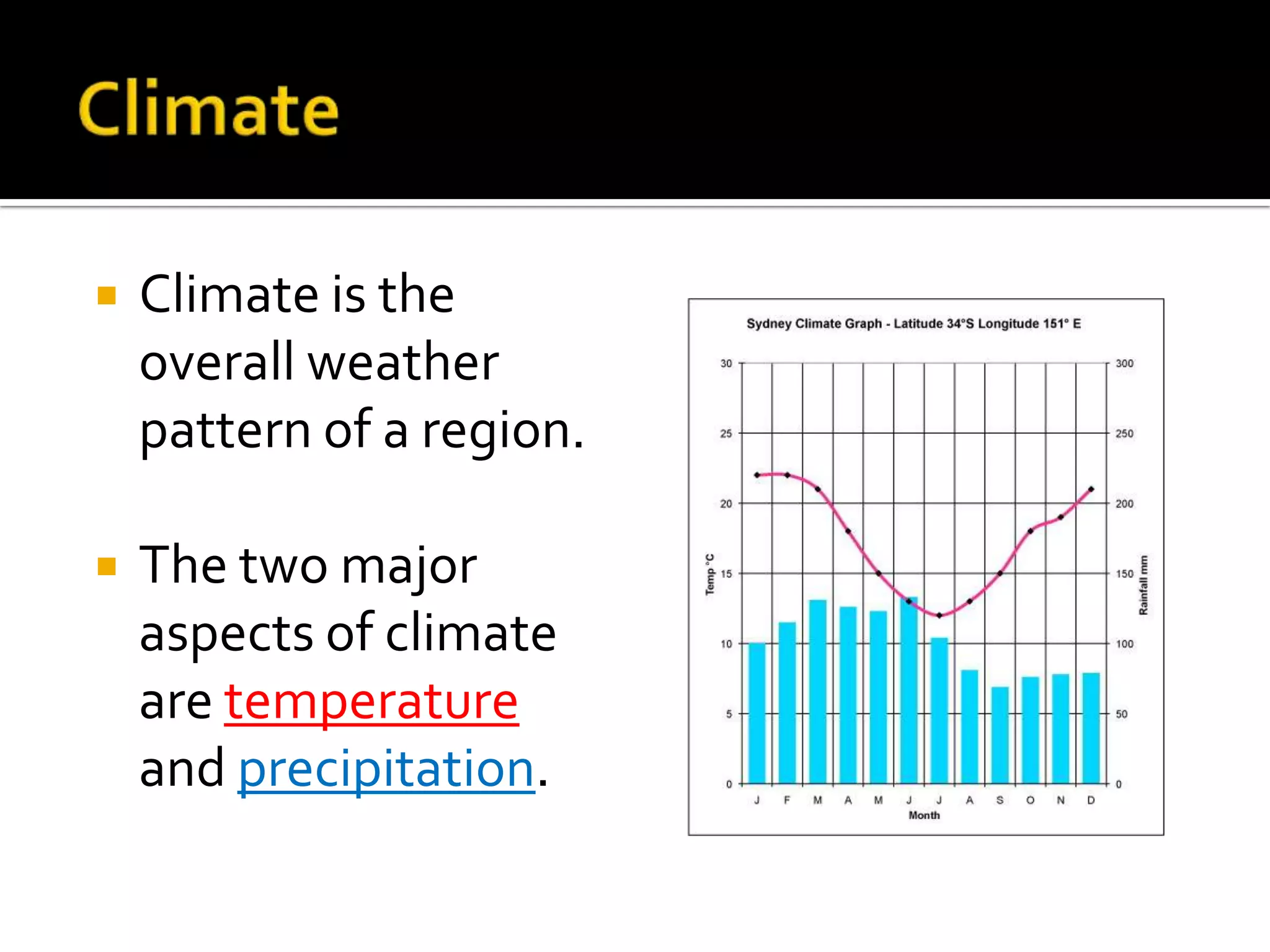    Climate is the
    overall weather
    pattern of a region.

   The two major
    aspects of climate
    are temperature
    and precipitation.
 