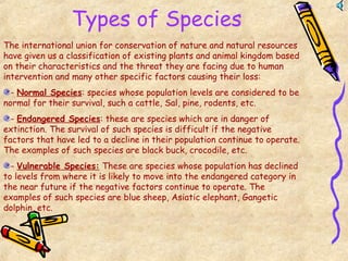 Types of Species
The international union for conservation of nature and natural resources
have given us a classification of existing plants and animal kingdom based
on their characteristics and the threat they are facing due to human
intervention and many other specific factors causing their loss:
- Normal Species: species whose population levels are considered to be
normal for their survival, such a cattle, Sal, pine, rodents, etc.
- Endangered Species: these are species which are in danger of
extinction. The survival of such species is difficult if the negative
factors that have led to a decline in their population continue to operate.
The examples of such species are black buck, crocodile, etc.
- Vulnerable Species: These are species whose population has declined
to levels from where it is likely to move into the endangered category in
the near future if the negative factors continue to operate. The
examples of such species are blue sheep, Asiatic elephant, Gangetic
dolphin, etc.
 