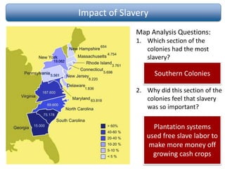 Impact of Slavery
Map Analysis Questions:
1. Which section of the
colonies had the most
slavery?
2. Why did this section of the
colonies feel that slavery
was so important?
Southern Colonies
Plantation systems
used free slave labor to
make more money off
growing cash crops
 
