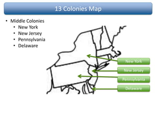 13 Colonies Map
• Middle Colonies
• New York
• New Jersey
• Pennsylvania
• Delaware
New York
New Jersey
Pennsylvania
Delaware
 
