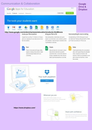 Communication & Collaboration Google
Drive &
Dropbox
http://www.google.com/enterprise/apps/education/products.html#more
https://www.dropbox.com/
 