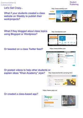 Communication &
Collaboration
Student
Publishing
Let's Get Crazy...
What if your students created a class
website on Weebly to publish their
work/projects?
What if they blogged about class topics
using Blogspot or Wordpress?
Or tweeted on a class Twitter feed?
Or posted videos to help other students or
explain ideas "Khan Academy" style?
Or created a class-based app?
http://www.weebly.com
http://wordpress.com
https://www.twitter.com
https://www.yapp.us/
http://www.techsmith.com/jing.html
 