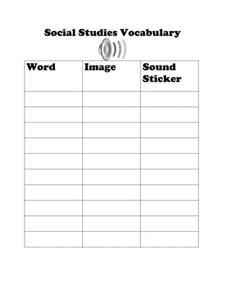 Social Studies Vocabulary<br />WordImageSound Sticker<br />