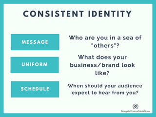 C O N S I S T E N T I D E N T I T Y
M E S S A G E
U N I F O R M
S C H E D U L E
Who are you in a sea of
"others"?
What does your
business/brand look
like?
When should your audience
expect to hear from you?
 