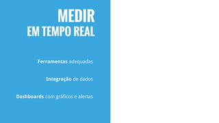 MEDIR
EM TEMPO REAL
Ferramentas adequadas
Integração de dados
Dashboards com gráficos e alertas
 