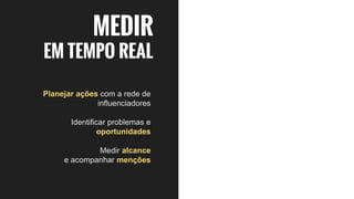 MEDIR
EM TEMPO REAL
Planejar ações com a rede de
influenciadores
Identificar problemas e
oportunidades
Medir alcance
e acompanhar menções
 