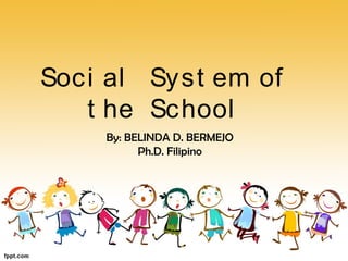 Soci al Syst em of
t he School
By: BELINDA D. BERMEJO
Ph.D. Filipino
 