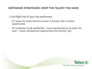 DEFENSIVE STRATEGIES: KEEP THE TALENT YOU HAVE


› Limit flight risk of your top performers
 – #1 reason for dysfunctional turnover in Europe: lack of career
   opportunities
 – #1 contributor to job satisfaction: “more opportunities to do what I do
   best,” “career development opportunities and training” (tie)




                                                      TALENT INTELLIGENCE
 