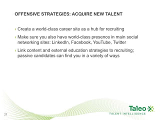 OFFENSIVE STRATEGIES: ACQUIRE NEW TALENT


     › Create a world-class career site as a hub for recruiting
     › Make sure you also have world-class presence in main social
       networking sites: LinkedIn, Facebook, YouTube, Twitter
     › Link content and external education strategies to recruiting;
       passive candidates can find you in a variety of ways




27                                                     TALENT INTELLIGENCE
 