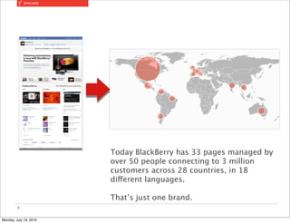 SYNCAPSE




                        Today BlackBerry has 33 pages managed by
                        over 50 people connecting to 3 million
                        customers across 28 countries, in 18
                        different languages.

                        That’s just one brand.
         5



Monday, July 19, 2010
 