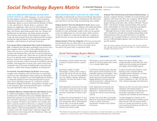 Social Technology Buyers Matrix                                                                                         by   Jeremiah Owyang web-strategist.com/blog
                                                                                                                                                            *
                                                                                                                                 design Roderick Chow fogday com



LOW COST INNOVATION CONFUSES BUYERS WITH                           WEB STRATEGISTS MUST PLAN FOR THE LONG TERM                                             Analyze Their Partnership and Alliance Relationships. Se-
EXCESS CHOICES As a Web Strategist, you seek to balance            Regardless of which path you choose from Broad, Specialized                             lecting a company that has a healthy set of partnerships and
the three spheres of business, technology and community            or diy, there are a few baseline considerations the web strate-                         alliances will ensure that they your company will fit within
(http://bit.ly/threespheres). Perhaps a challenging one is the     gist must factor into their long term planning, they include:                           the heterogenous ecosystem of the social web. Yet, probe
‘technology’ sphere as you’re faced with the decision of build                                                                                             deeper, during initial sales calls, vendors will flash “Nascar
vs. buy, specialized vs. broad, cheap vs. expensive. The           Deploy Systems That Are Designed to Scale. Buyers must                                  slides” with dozens of logos of partnerships, find out how
choices are staggering—there are over 100 community                demand access to the product roadmap and understand where                               many relationships are truly deep integration and aligned
platform vendors, thousands of Facebook developers, iPhone         the company is headed at least in their two year plan. The                              product roadmaps—not just former one-off projects.
apps, and Twitter apps being created each year. Despite the        benefits of a SaaS technology vendor is that you can quickly                               Although this post is buyer focused, technology vendors
proliferation of innovation, one thing remains constant:           scale your deployment on a turn key basis, while on prem-                               with a broad focus should start kindling relationships with
the economics and strategy of buying doesn’t change. As a          ise has it’s upsides for conservative industries—scaling can                            channel partners that can resell and focus in on specific
result, the web strategist must first understand their strategy,   quickly become an issue and out-the-door fast deployment.                               marketers. For example, Radian 6 is known for offering its
develop the right parameters for buying and recognize the                                                                                                  service to PR and digital agencies who can then focus in on
strengths—and weakness of each type of partner.                    Deploy Systems That Can Integrate. Only buy systems that                                specific markets.
                                                                   have protocols that can allow data to be accessed by other
First, Buyers Must Understand Their Level of Sophistica-           parties, and put into terms of service your data can be                                 Note: No vendor is perfect, and if they can do it all, you won’t need all
tion. Companies that purchase technology and services must         accessed at any given time, no questions asked.                                         their offerings, and their price point will be high, as a result, understand the
first recognize where they are in the sophistication curve.                                                                                                strengths and weaknesses of all.
Those who are new to social technologies should seek out
strategy and education first, and rely on external experience                   Social Technology Buyers Matrix
and expertise to deter risk. Those that are in mid level should
                                                                                                     Broad                      vs.                  Specialized                   vs.            Do It Yourself (DIY)
focus in on specific needs—forgoing unneeded services and
features. Expert level companies are thinking of a holistic ex-
                                                                                Technology or service vendors that serve           Technology or service vendors that offer          Rather than rely on vendors, many
                                                                   What is It


perience for customers and are focused on scalability, interop-
                                                                                a variety of industries without a specific         vertical (or industry) specific skills, honed     companies prefer to build their own social
erability, and integration. In many cases, these expert level
                                                                                focus.                                             in on a unique market need.                       media tools and processes and integrate
companies may be focused on building their own tools and                                                                                                                             with legacy CMS and WMS systems.
resources—rather than relying completely on third parties.
                                                                                Buzzmetrics, Radian 6, Visible                     In the brand monitoring space, Revinate           A variety of brands have bolted on social
For Growth, Focused Vendors Go Broad. Interestingly                             Technologies, Cymfony offer a range of             offers specific brand monitoring for the          features to their corporate website
                                                                   Examples




enough, some companies with rich histories in a particular                      services that can be use with any variety          hospitality industry, and Kickapps*, Pluck,       using BBS systems, Wordpress, or Drupal
vertical are also expanding to larger markets by rebranding                     of industries. On the community platform           and Cisco EOS*, offer solutions for the           like platforms with extensive
efforts. Take for example 10 year old Neighborhood America,                     side, Jive, Telligent, Mzinga, Awareness,          media vertical and recently rebranded             customization. Or, developers that build
a community platform with strong background in govern-                          Liveworld* can meet the needs of many              INgage Networks has long history of               custom installations on .NET, JSP, PHP, and
ment, local, and federal agencies as a vertical as recently                     enterprises.                                       serving Government—although they are              other software languages and frameworks.
rebranded as INgage Networks—giving them a broader reach                                                                           moving to the broad category.
to the enterprise space and international space—read their
faq and watch their video to learn more.                                        Wide deployment ensures that the scope             Faster deployment and features and                Reduced up-front cost and custom-tailored
                                                                   Benefits




                                                                                can spread to a large set of sites to crawl.       deployments are pre-customized for                integration with existing systems. A
                                                                                In most cases, these companies can scale,          deployment. Experienced teams that                controlled environment not dependent on
As Market Matures, Vendors Become Specialized. Radian
                                                                                and have a broad base of clients to learn          truly get the nuances of your particular          the product roadmaps of other SaaS
6, Visible Technologies, Nielsen Buzzmetrics, and TNS                           from.                                              industry.                                         companies and increased security measures.
Cymfony have all broad reach across multiple industries by
being fairly agnostic to any particular vertical. Of course,                    Configuration and specialization for your          Vendors may not be able to go broader,            Constant rejiggering of features as the
they each have experiences in particular verticals and likely                   particular market may require setup costs          feature set may become limited when it            outside technology space innovates quickly.
                                                                   Downsides




have a majority of clients in one industry over another, but                    and configuration efforts. While features          comes to scaling. Sometimes,                      Often the soft costs and internal mainte-
that’s a contrary position to Revinate, a company I recently                    may go wide –not all will be needed                specialization increases costs of goods           nance isn’t always accounted for up front,
met with that focuses in on deep integration with the hospi-                    for your specific customer socialgraphic           and services.                                     and innovating new features are often not
tality industry. Their listening platform, while it doesn’t go                  behaviors and industry usage.                                                                        native to corporations.
as wide to cover the “brand scope” comes pre-rigged with
connections to travel rating sites like Tripadvisor, Yelp, and                  * The Altimeter Group takes pride in transparency and openness in research and analysis, as a result, the starred
other consumer rating sites.                                                     companies are currently clients, read our disclosure page: http://www.altimetergroup.com/disclosure.
 