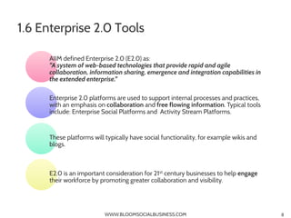 1.6 Enterprise 2.0 Tools

      AIIM defined Enterprise 2.0 (E2.0) as:
      "A system of web-based technologies that prov...