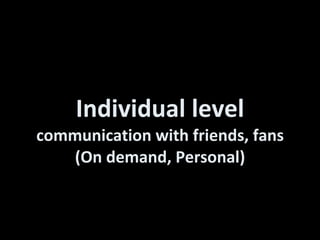Individual level communication with friends, fans (On demand, Personal) 
