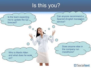 Is this you?
Is the team expecting             Can anyone recommend a
me to update the Q2               Spanish-English translation
forecast?                         service?




                                       Does anyone else in
                                       the company run
Who is Martin Allen                    marathons?
and what does he work
on?
 