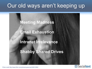 Our old ways aren’t keeping up

                              Meeting Madness

                              Email Exhaustion

                              Intranet Irrelevance

                              Shabby Shared Drives


Photo credit http://www.flickr.com/photos/queenroly/322613892/
 