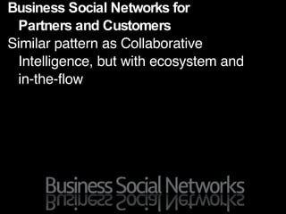 Business Social Networks for  Partners and Customers Similar pattern as Collaborative  Intelligence, but with ecosystem and  in-the-flow 