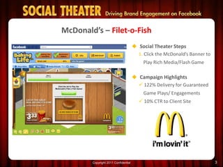 McDonald’s – Filet-o-Fish 
 Social Theater Steps 
1. Click the McDonald’s Banner to 
Play Rich Media/Flash Game 
 Campaign Highlights 
 122% Delivery for Guaranteed 
Game Plays/ Engagements 
 10% CTR to Client Site 
 