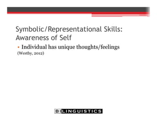 Symbolic/Representational Skills:
Awareness of Self
• Individual has unique thoughts/feelings
(Westby, 2012)
 