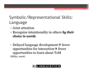 Symbolic/Representational Skills:
Language
• Joint attention
• Recognize intentionality in others by their
choice in words
• Delayed language development fewer
opportunities for interaction fewer
opportunities to learn about ToM
(Miller, 2006)
 