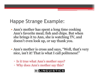 Happe Strange Example:
• Ann’s mother has spent a long time cooking
Ann’s favorite meal; fish and chips. But when
she brings it to Ann, she is watching TV, and
doesn’t even look up, or say thank you.
• Ann’s mother is cross and says, “Well, that’s very
nice, isn’t it! That is what I call politeness!”
▫ Is it true what Ann’s mother says?
▫ Why does Ann’s mother say this?
 