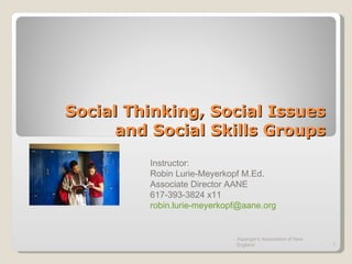 Social Thinking, Social Issues and Social Skills Groups Asperger's Association of New England Instructor: Robin Lurie-Meyerkopf M.Ed. Associate Director AANE 617-393-3824 x11 [email_address]   