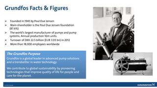 Grundfos Facts & Figures
Founded in 1945 by Poul Due Jensen
Main shareholder is the Poul Due Jensen foundation
(87.6%)
 T...