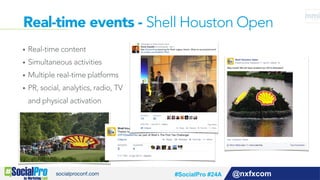 Real-time events - Shell Houston Open
@nxfxcom
•  Real-time content
•  Simultaneous activities
•  Multiple real-time platforms
•  PR, social, analytics, radio, TV
and physical activation
#SocialPro #24A
 