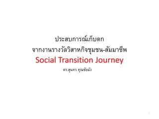 ประสบการณ์เก็บตก
จากงานรางวัลวิสาหกิจชุมชน-สัมมาชีพ
Social Transition Journey
1
ดร.สุนทร คุณชัยมัง
 