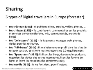 Sharing  <ul><li>6 types of Digital travellers in Europe (forrester) </li></ul><ul><li>Les créateurs (10%)  - Ils publient...