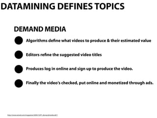 DEMAND MEDIA
http://www.wired.com/magazine/2009/10/ﬀ_demandmedia/all/1
Algorithms deﬁne what videos to produce & their estimated value
Editors reﬁne the suggested video titles
Produces log in online and sign up to produce the video.
Finally the video‘s checked, put online and monetized through ads.
DATAMINING DEFINES TOPICS
 