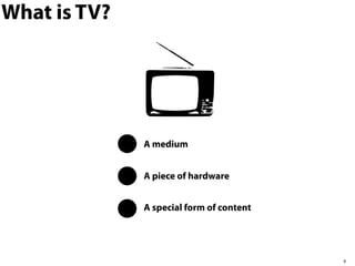 8
What is TV?
A medium
A piece of hardware
A special form of content
 
