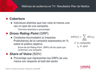 Métricas de audiencia en TV. Resultados Plan de Medios



 Cobertura
             Individuos distintos que han visto al menos una
              vez un spot de una campaña.
                  l   Términos absolutos o porcentajes

 Gross Rating Point (GRP)
             Contactos Acumulados (o Impactos
              Publicitarios) de la campaña expresados en %
              sobre el público objetivo.
                  l   Suma de los Rating Point (AM%) de los spots que
                      conforman una campaña.

 Share of Voice (SOV)
             Porcentaje que representan los GRPs de una
              marca con respecto al total del sector

Social TV, más allá de la audiencia. Participación y relaciones⎢6
 