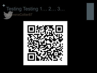 +
    Testing Testing 1… 2… 3…
    @LorenaCollier87
 