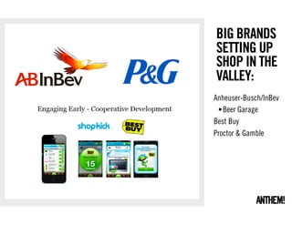 BIG BRANDS
SETTING UP
SHOP IN THE
VALLEY:
Anheuser-Busch/InBev
 • Beer Garage
Best Buy
Proctor & Gamble
 