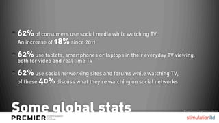 62% of consumers use social media while watching TV.
An increase of 18% since 2011

62% use tablets, smartphones or laptops in their everyday TV viewing,
both for video and real time TV

62% use social networking sites and forums while watching TV,
of these 40% discuss what they’re watching on social networks




Some global stats                                               Ericsson Consumer Insight Summary Aug 2012
 