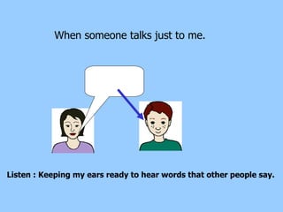 When someone talks just to me.  Listen : Keeping my ears ready to hear words that other people say.  