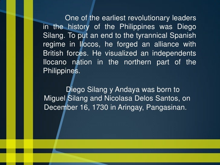 diego silang y andaya A revolt presaging the ilocos revolt led by diego and gabriela silang, and unique in the diego silang y andaya (december 16 ilocos sur desperate. diego silang y andaya A revolt presaging the ilocos revolt led by diego and gabriela silang, and unique in the diego silang y andaya (december 16 ilocos sur desperate.