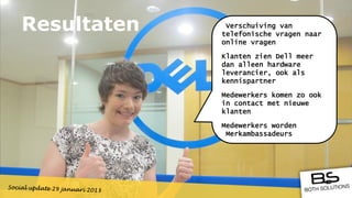 Resultaten    Verschuiving van
             telefonische vragen naar
             online vragen

             Klanten zien Dell meer
             dan alleen hardware
             leverancier, ook als
             kennispartner

             Medewerkers komen zo ook
             in contact met nieuwe
             klanten

             Medewerkers worden
              Merkambassadeurs
 